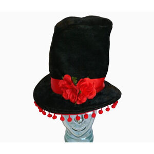 Day of The Dead Black Costume Hat with Red Flowers and Ribbon